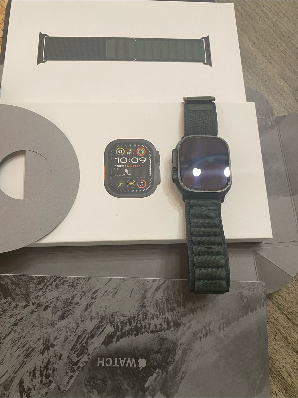 Apple Watch 49mmwith Dark Green Nylon Loop Band Titanium Ultra. Great Condition